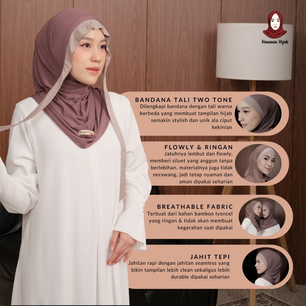 Hanania HIjab - Savira Bergo Instan Bandana Two Tone Size S Rayon Bamboo | Bergo Bandana Kombinasi